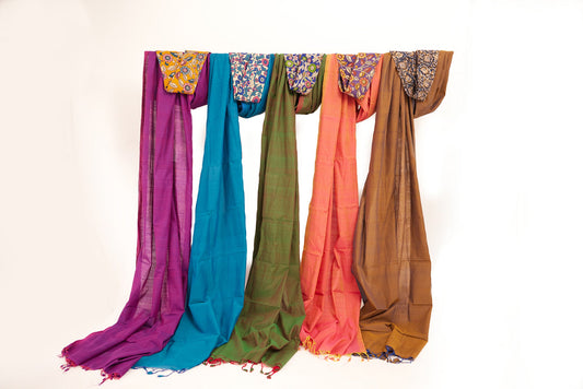 Plain Purple Mangalagiri Cotton Saree with Yellow Block Print Blouse