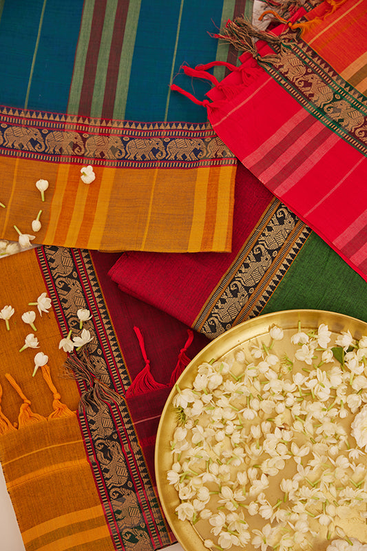 Red Mangalagiri Cotton Saree with Mustard Elephant Border