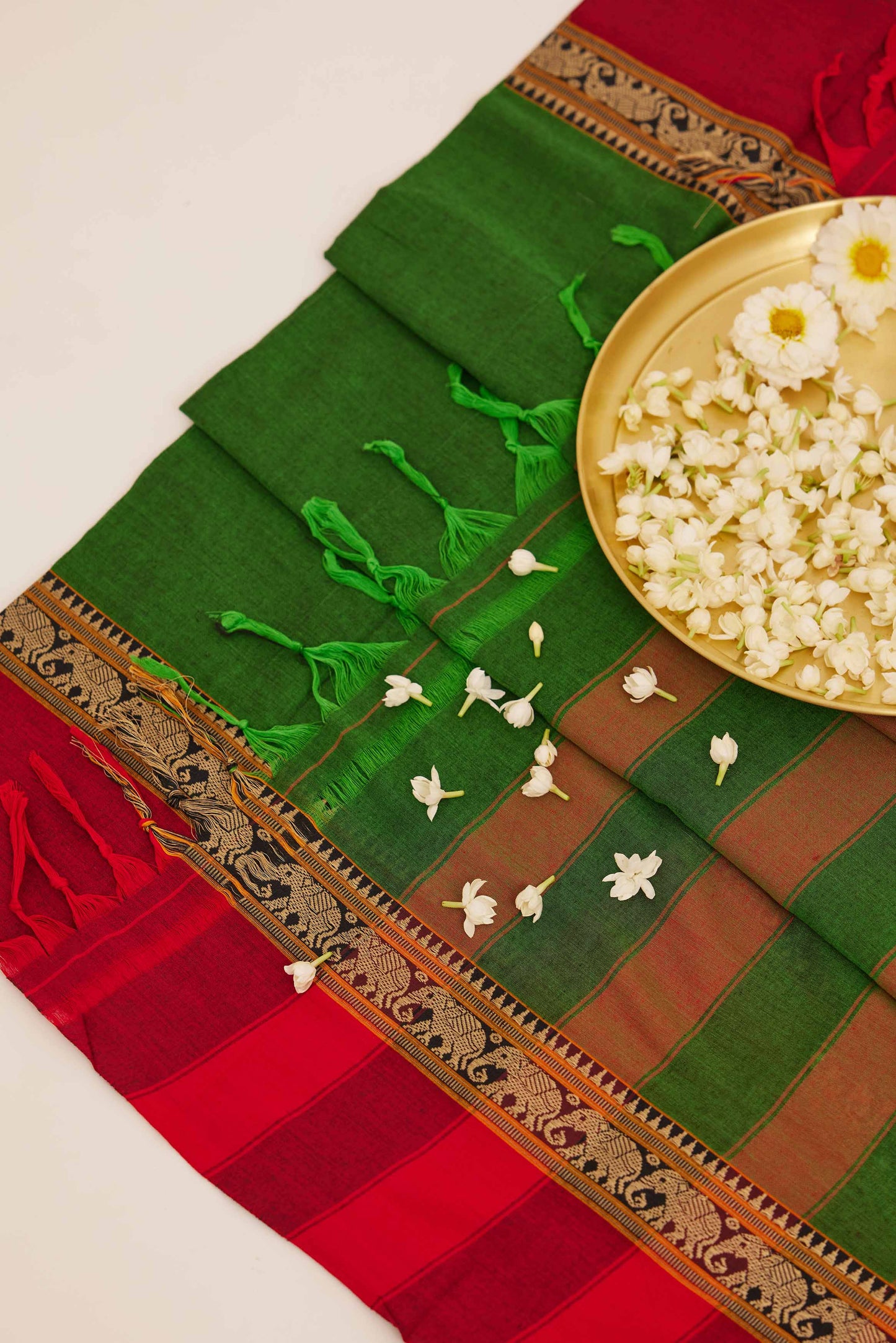 Red Mangalagiri Cotton Saree with Mustard Elephant Border