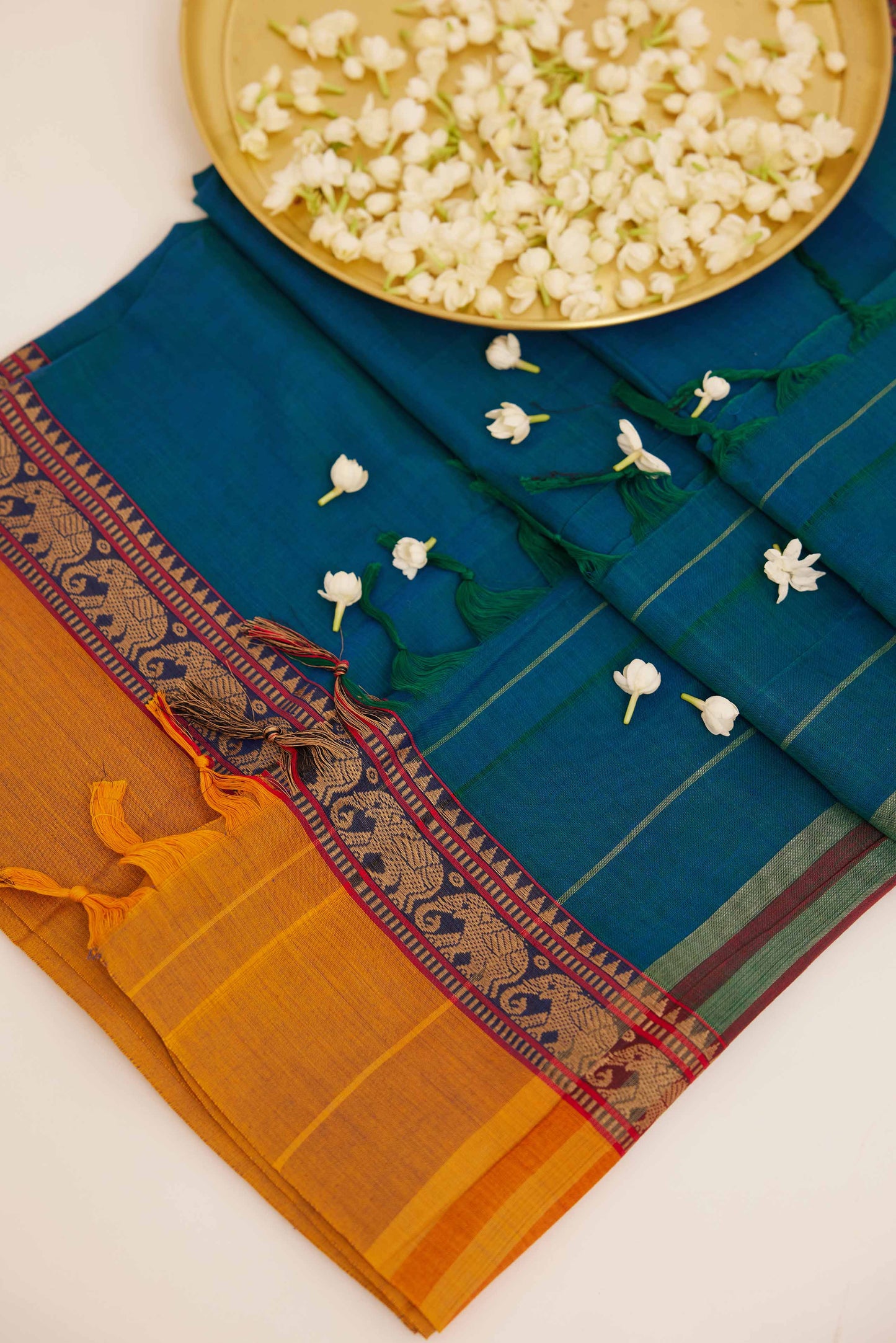 Red Mangalagiri Cotton Saree with Mustard Elephant Border