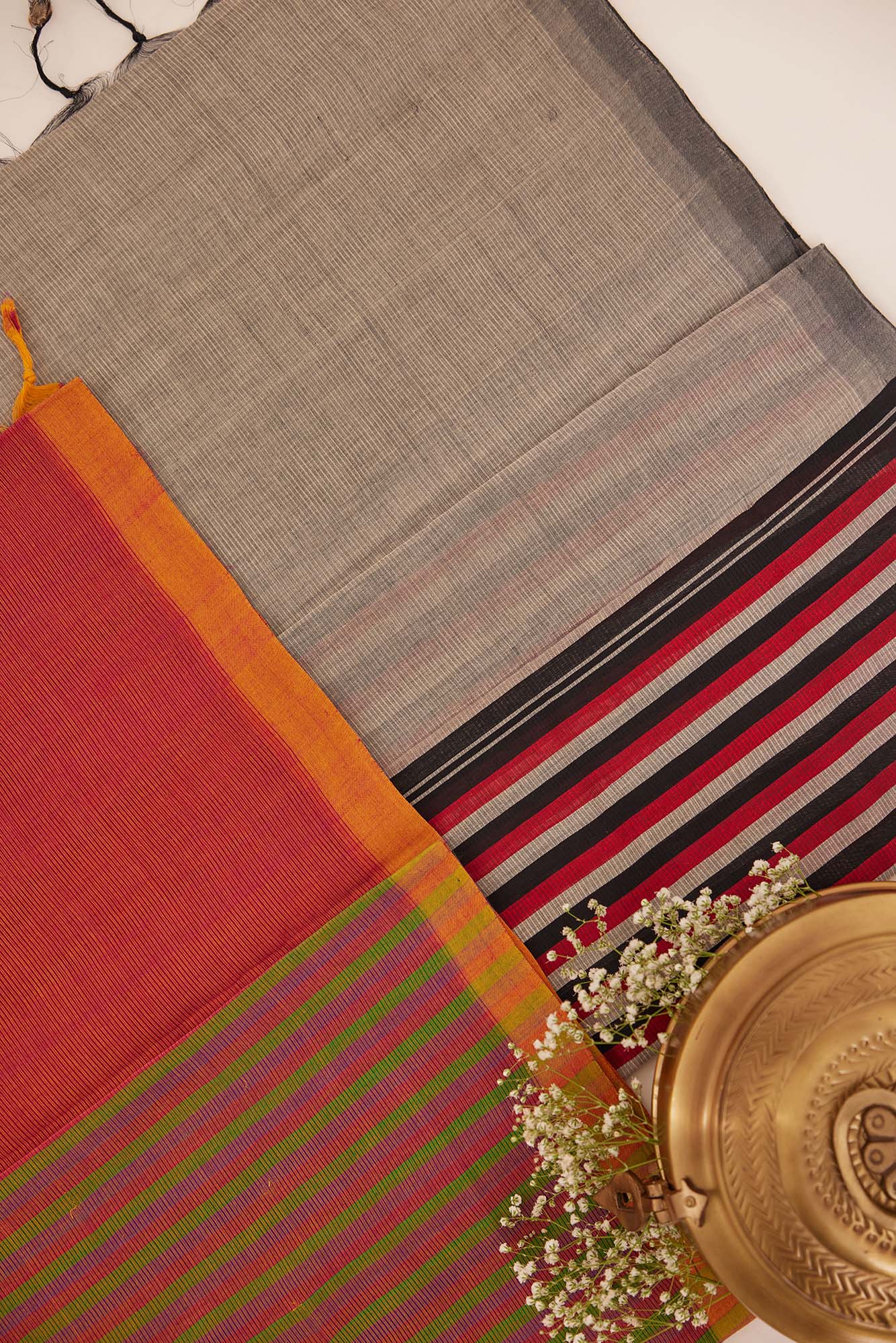 Grey Mangalagiri Cotton Saree with Colourful Stripes