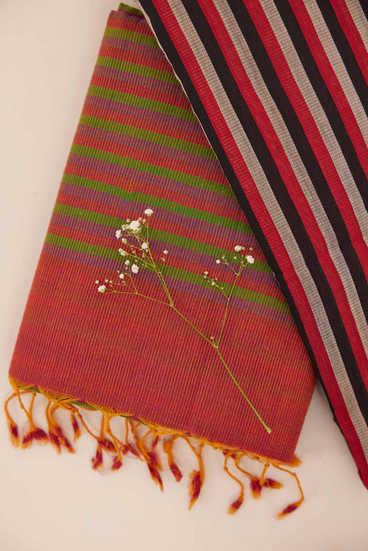 Grey Mangalagiri Cotton Saree with Colourful Stripes