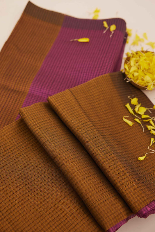 Gold Self-Checked Mangalagiri Cotton Silk Saree with Purple Pallu