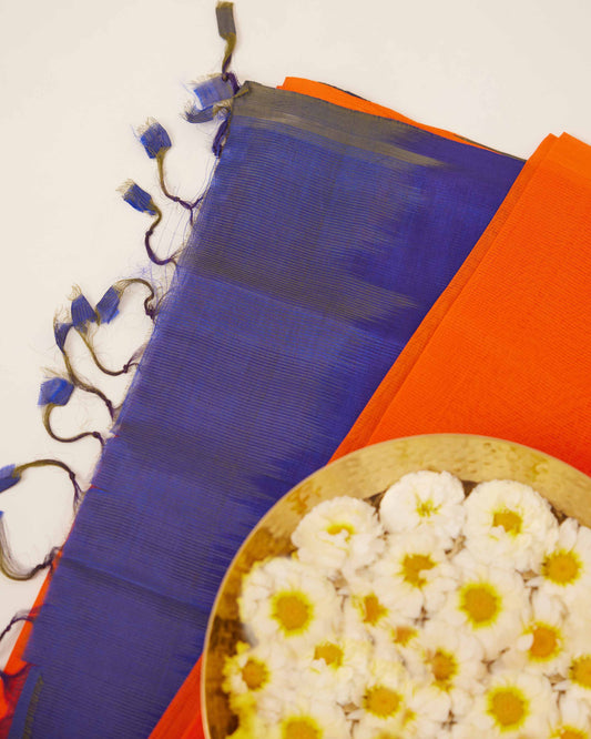 Orange Mangalagiri Cotton Silk Saree with Blue Ikat Pallu