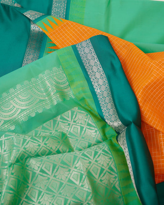 Orange Checkered Mangalagiri Cotton Silk Saree with Blue Zari Pallu