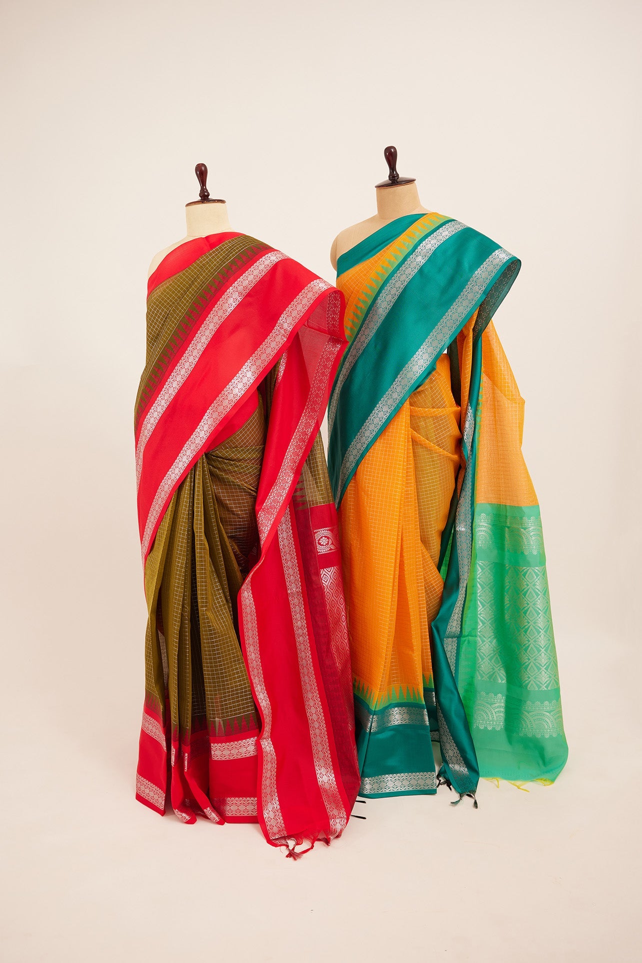Orange Checkered Mangalagiri Cotton Silk Saree with Blue Zari Pallu