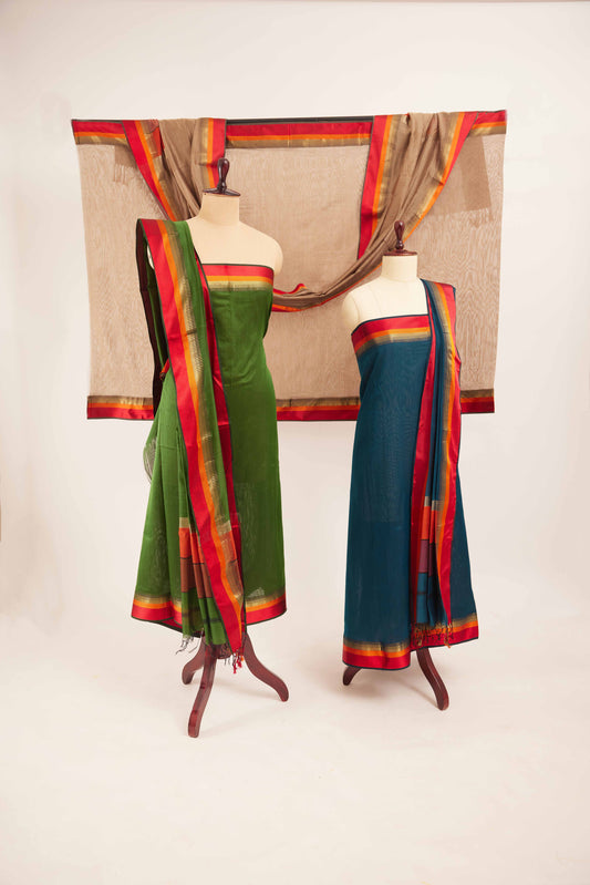 Maheshwari Cotton Silk Dress Material – Olive Green with Red, Orange & Gold Zari Border