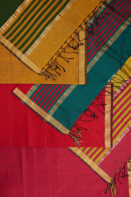 Maheshwari Cotton Silk Dress Material – Red with Gold Zari Border & Red-Green Dupatta