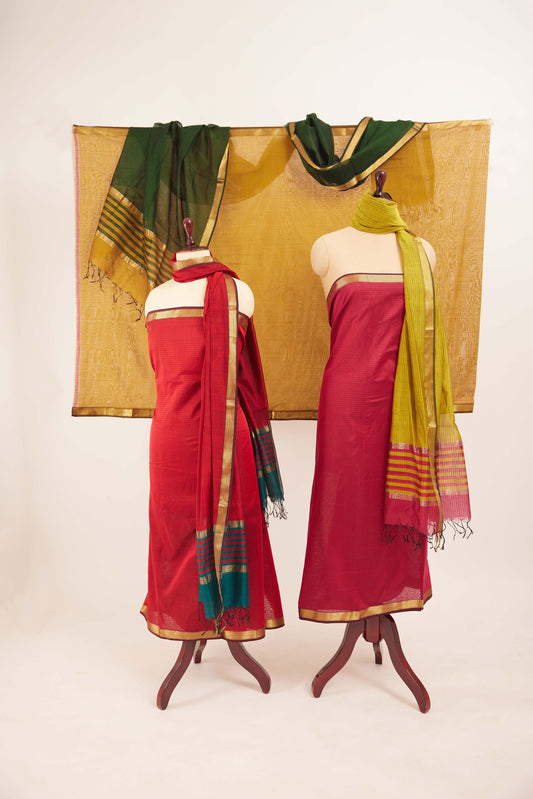 Maheshwari Cotton Silk Dress Material – Red with Gold Zari Border & Red-Green Dupatta