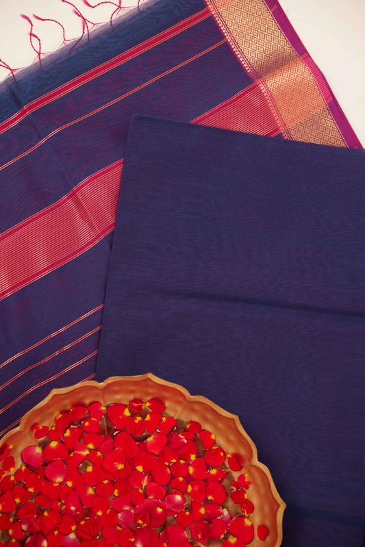 Blue Maheshwari Cotton Silk Saree with Pink Zari Border