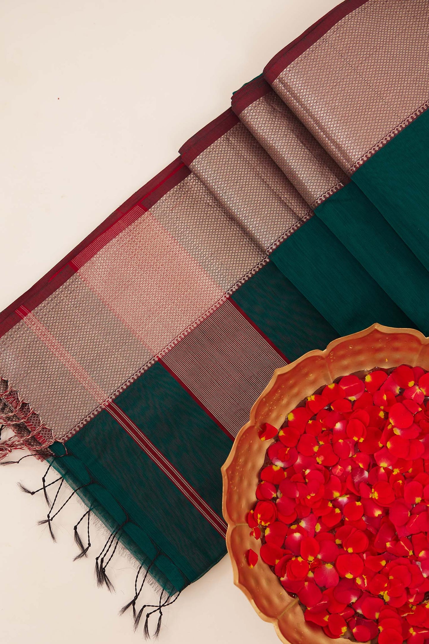 Dark Green Maheshwari Cotton Silk Saree with Red Zari Border