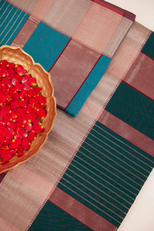 Dark Green Maheshwari Cotton Silk Saree with Red Zari Border