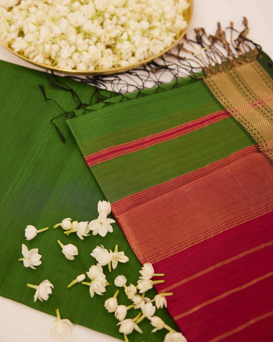 Green Maheshwari Cotton Silk Saree with Pink Pallu & Zari Border