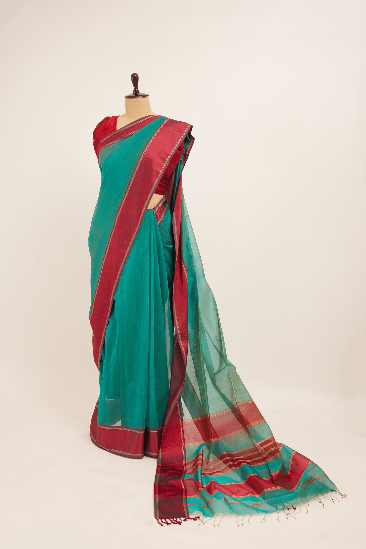 Blue Maheshwari Cotton Silk Saree with Red Zari Border