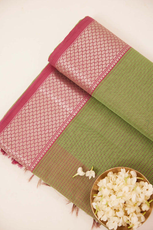 Green & Pink Striped Maheshwari Cotton Silk Saree with Pink Zari Border
