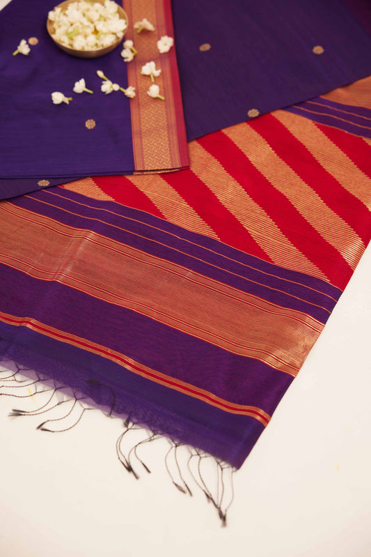 Purple Maheshwari Cotton Silk Saree with Gold Buttas & Red Zari Border
