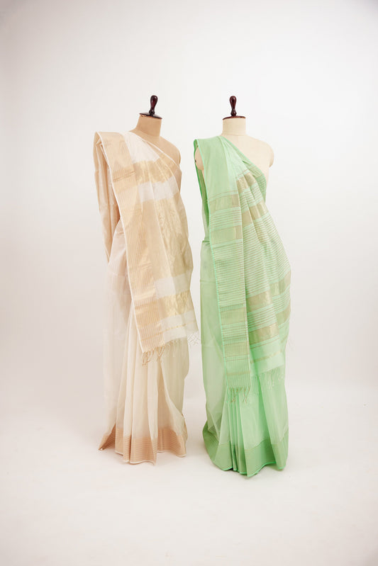 Green Maheshwari Cotton Silk Saree with Gold Zari Border & Pallu