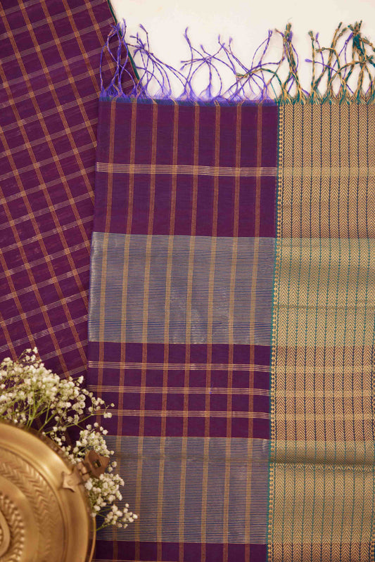 Purple Maheshwari Cotton Silk Saree with Gold Checks & Blue Zari Border
