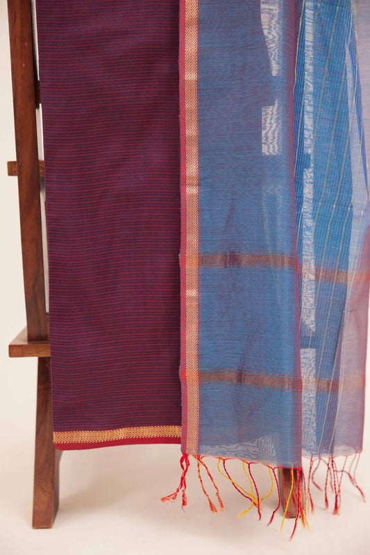 Maheshwari Cotton Silk Dress Material – Wine with Gold Zari Border & Blue Dupatta