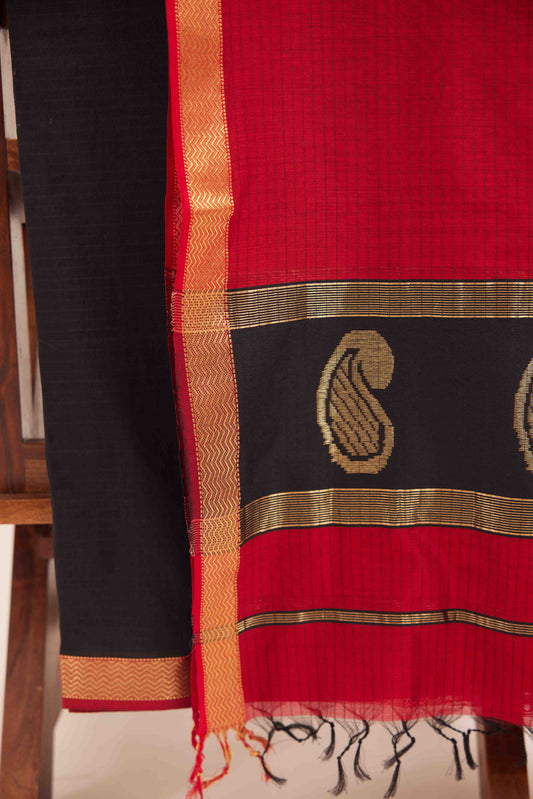 Maheshwari Cotton Silk Dress Material – Black with Gold Zari & Red-Black Dupatta