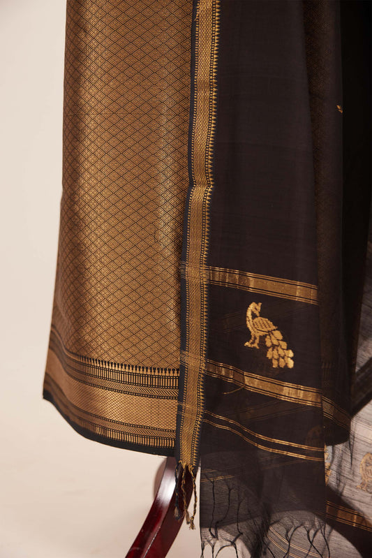 Maheshwari Cotton Silk Dress Material – Black with Gold Zari Weave & Dupatta