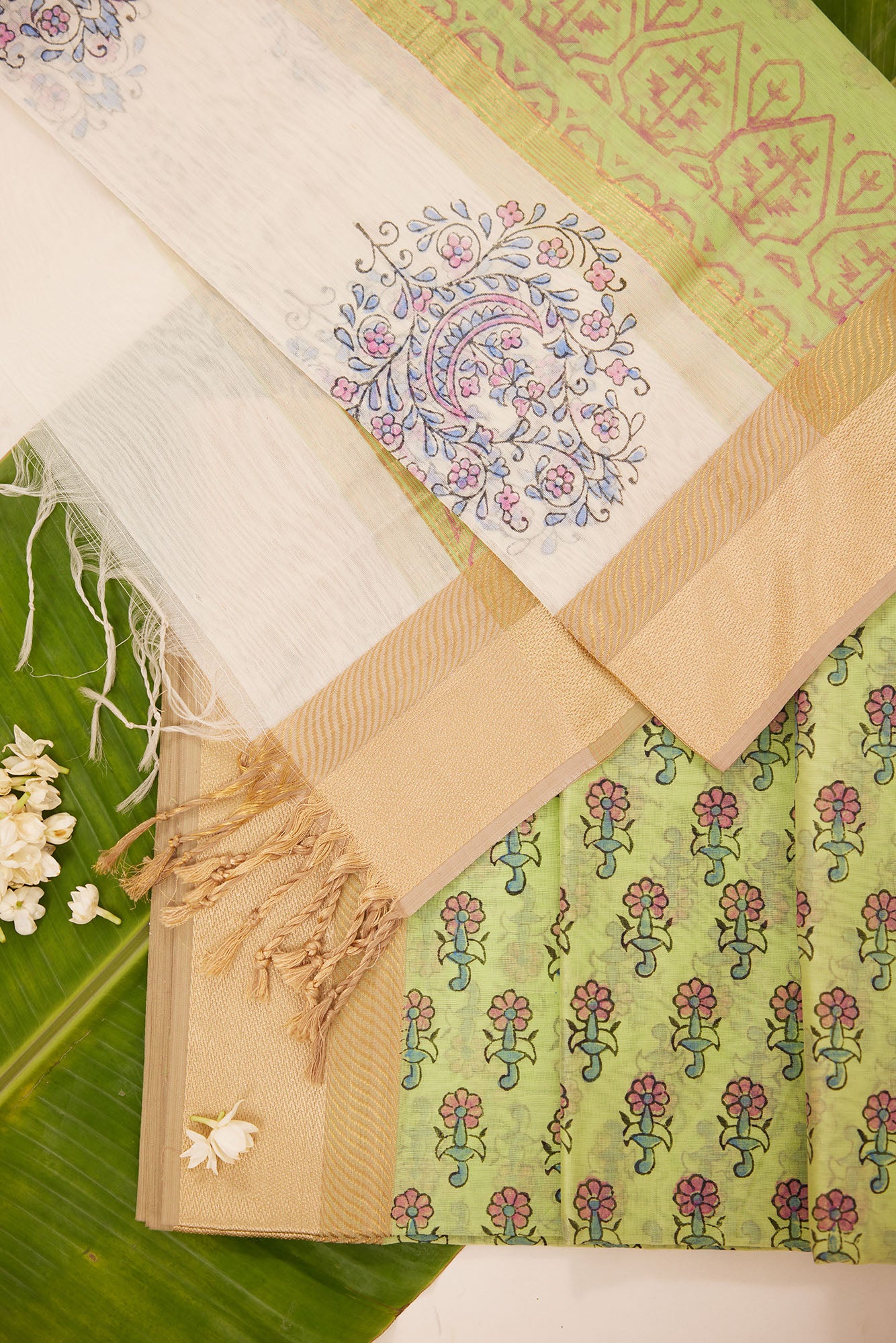 Maheshwari Cotton Silk Dress Material – Green with Block Print & Gold Zari Border