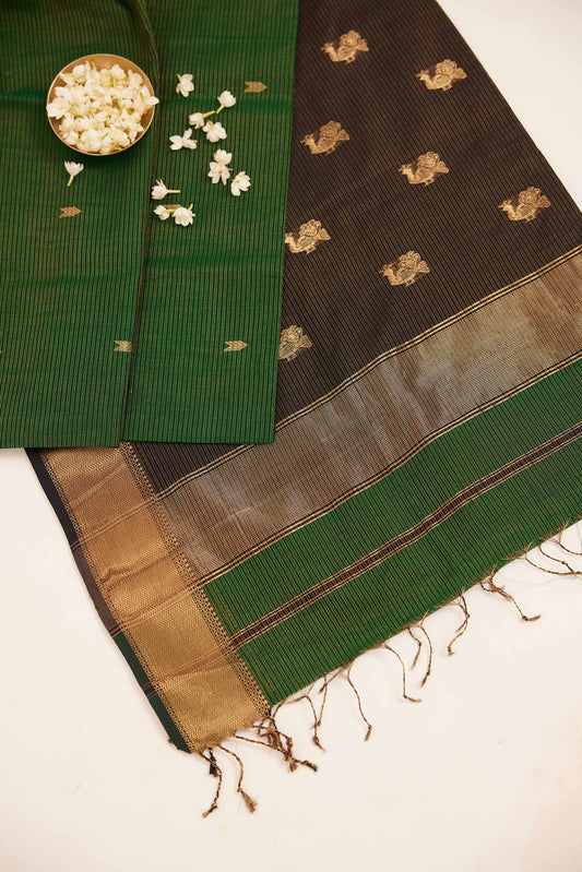 Green Maheshwari Tissue Silk Saree with Gold Buttas & Black Zari Border