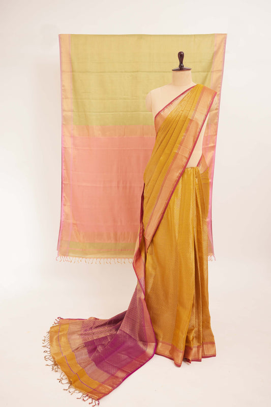 Green Maheshwari Tissue Silk Saree with Pink & Gold Zari Pallu