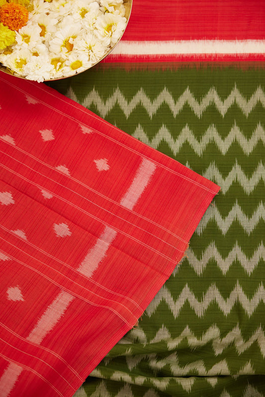 Olive & Red Pochampally Cotton Ikat Saree