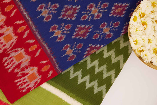 Blue & Red Elephant Motif Pochampally Cotton Ikat Saree