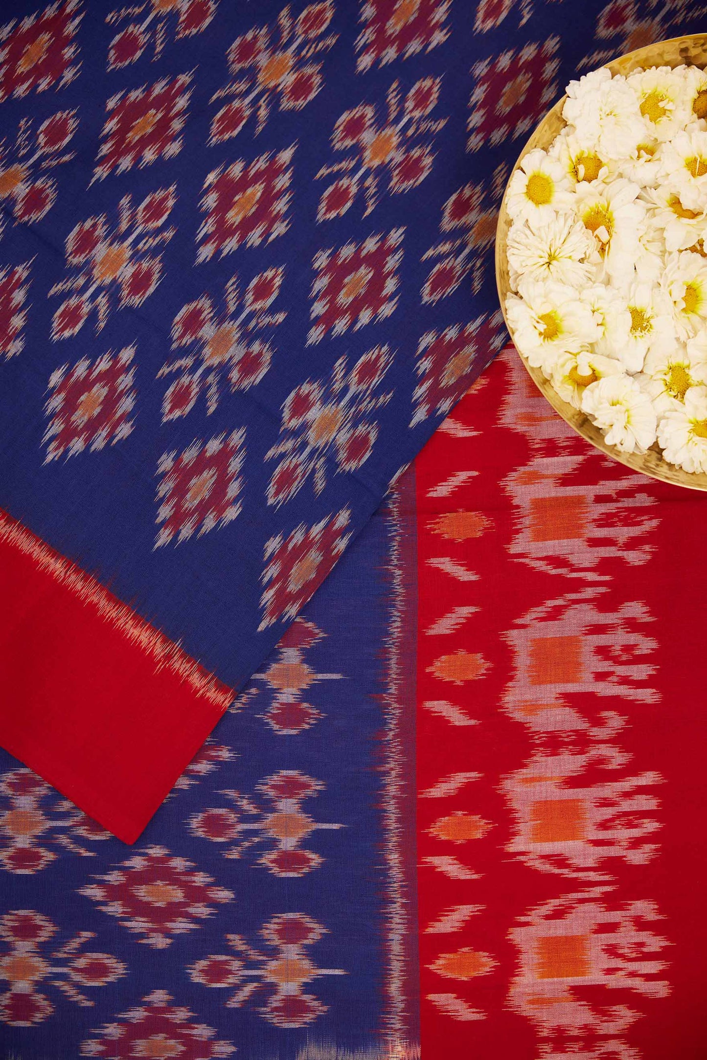 Blue & Red Elephant Motif Pochampally Cotton Ikat Saree