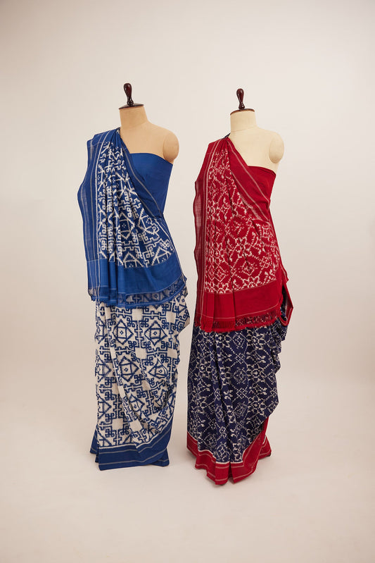 Telia Blue & White with Red Pallu Pochampally Cotton Saree