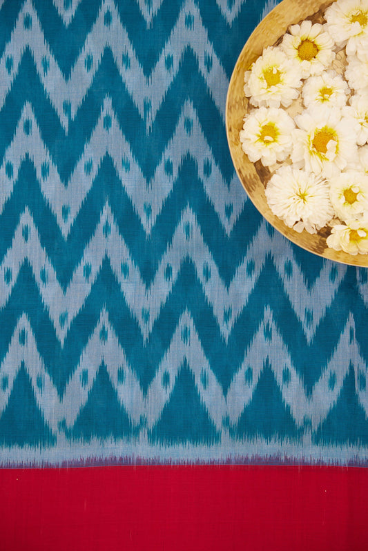 Blue & Red Zigzag Pochampally Cotton Ikat Saree
