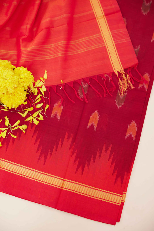 Red & Orange Geometric Pochampally Cotton Ikat Saree