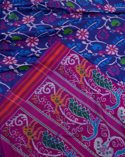 Royal Blue & Magenta Floral Ikat Pochampally Silk Saree