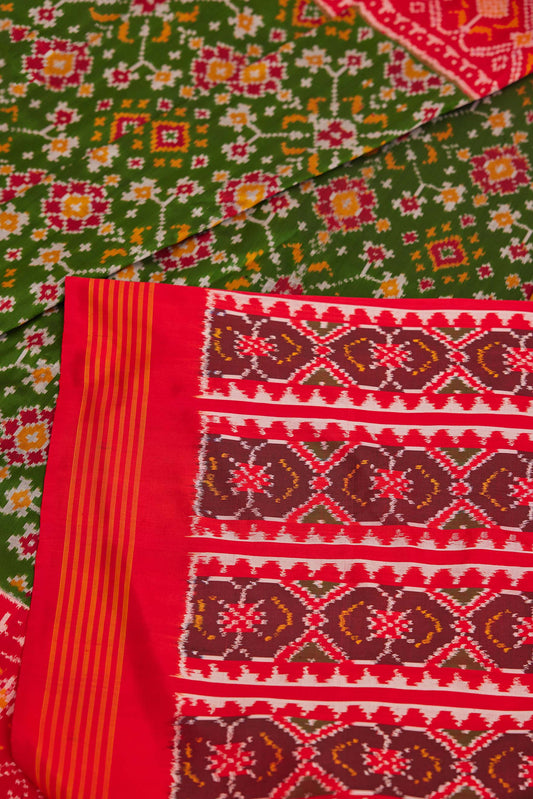 Green & Red Patola-Inspired Ikat Pochampally Silk Saree