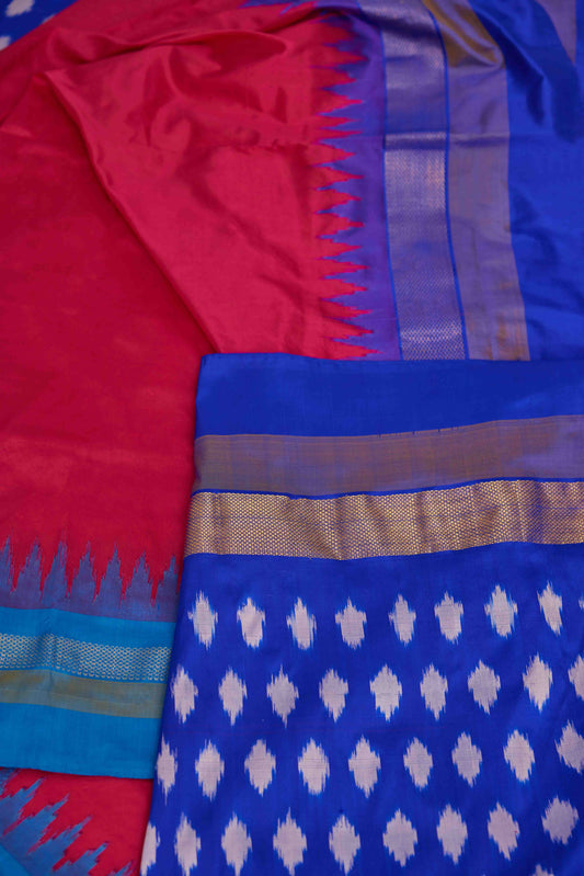 Pink & Blue Dual Border Ikat Pochampally Silk Saree
