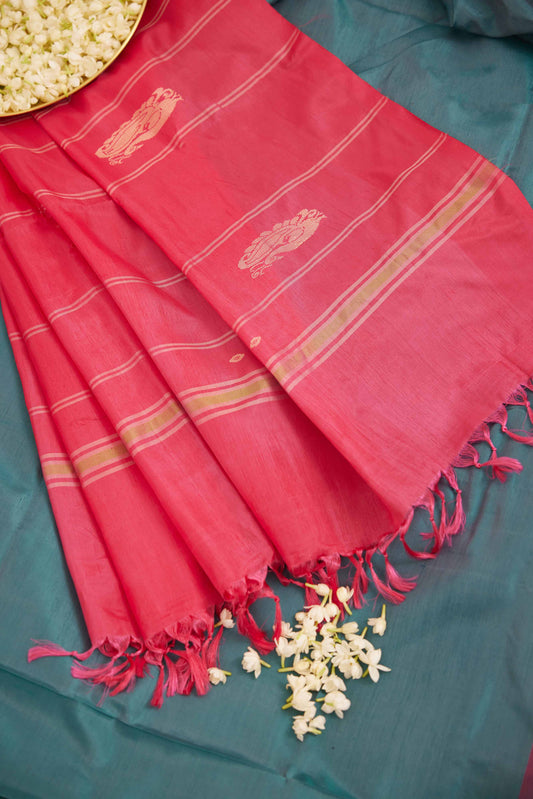 Dual Tone Pink & Blue Banana Fibre Saree with Contrasting Pink Pallu