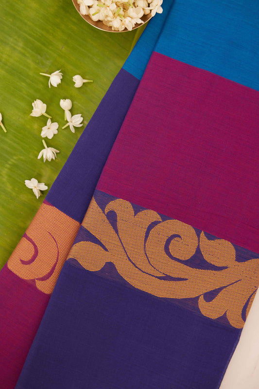 Blue Chettinad Cotton Saree with Pink & Purple Borders