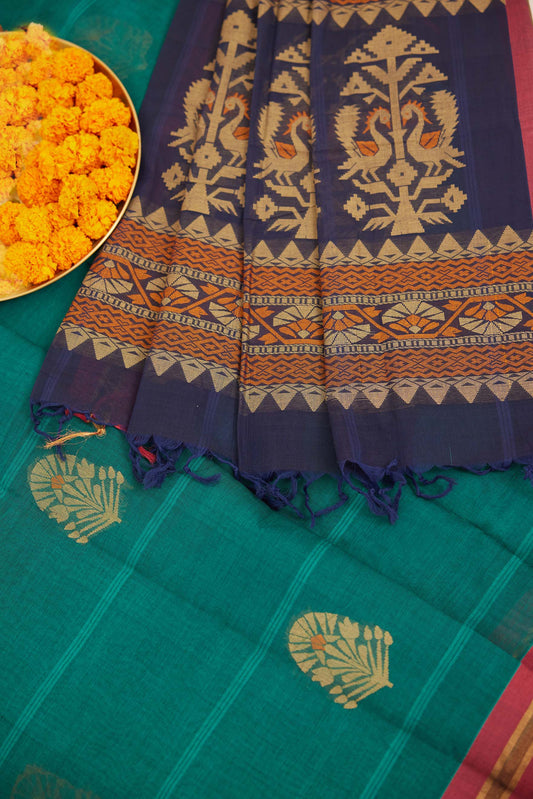 Green Negamam Cotton Saree with Blue Pallu & Geometric Motifs