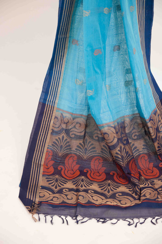 Light Blue Negamam Cotton Saree with Dark Blue Pallu & Geometric Motifs