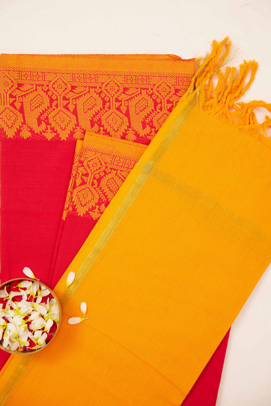 Chettinad Cotton Dress Material – Red with Mustard Yellow Border & Dupatta