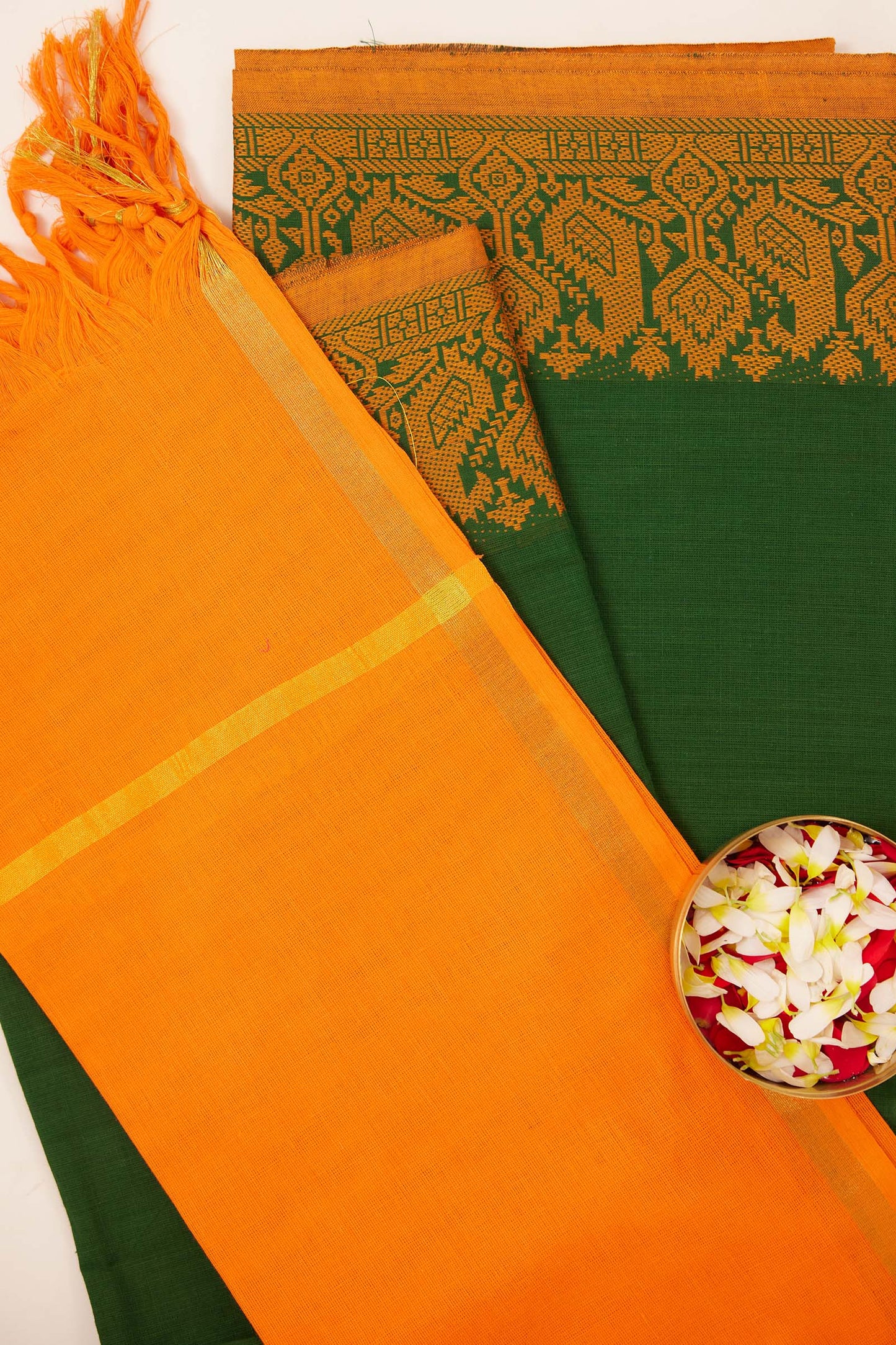 Chettinad Cotton Dress Material – Green with Orange Border & Dupatta