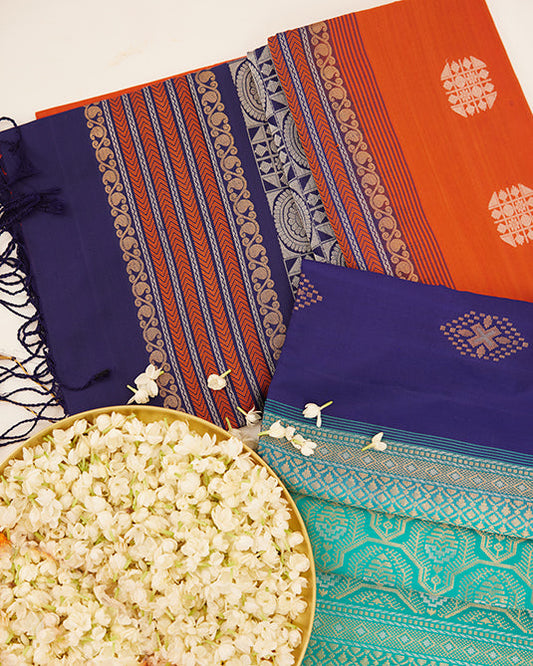 Orange Coimbatore Soft Silk Saree with Navy Blue & Zari Pallu