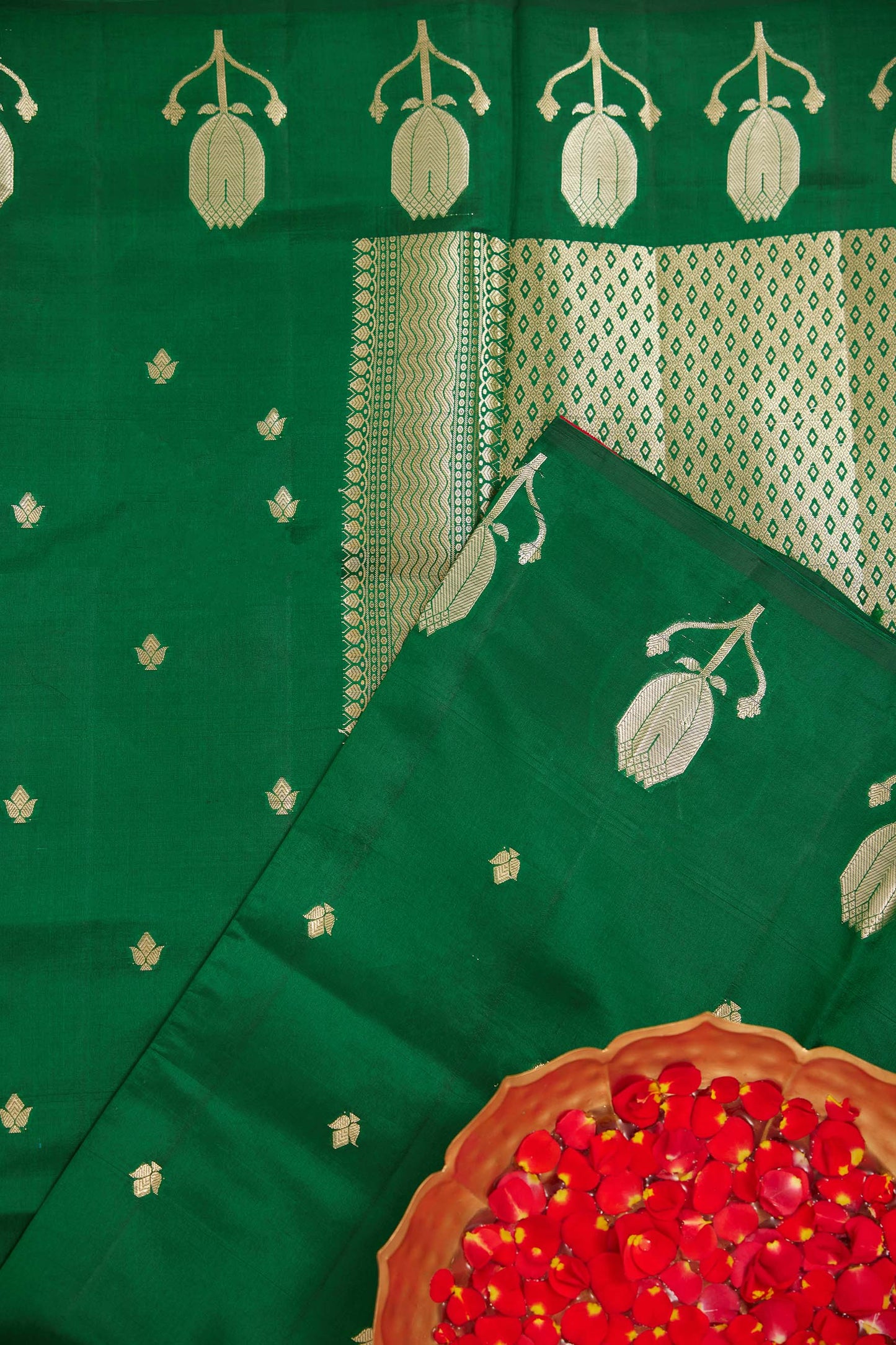 Green Silk Saree with Zari Buttas and Contrasting Red Blouse