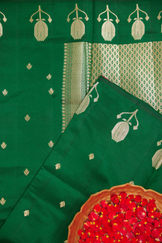 Green Silk Saree with Zari Buttas and Contrasting Red Blouse