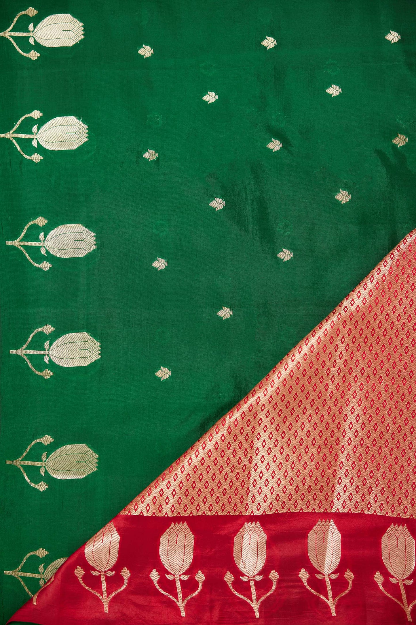 Green Silk Saree with Zari Buttas and Contrasting Red Blouse