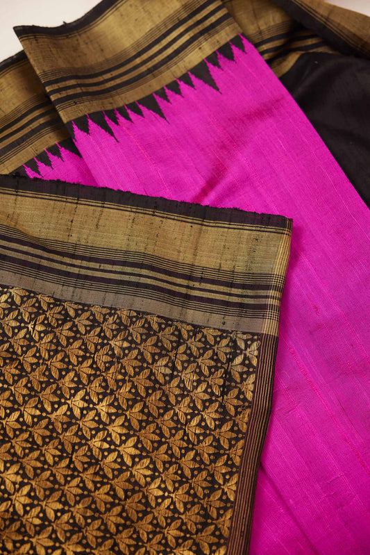 Pink Jute Silk Saree with Black & Gold Zari Pallu