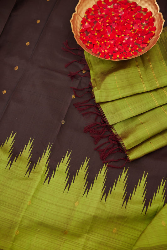 Chocolate Brown Korvai Silk Saree with Green Border and Pallu