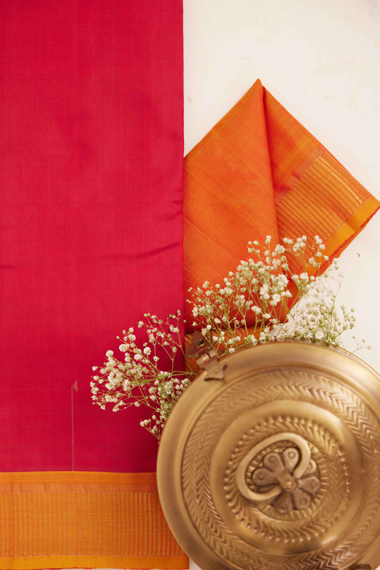 Deep Red Korvai Silk Saree with Orange Border and Pallu